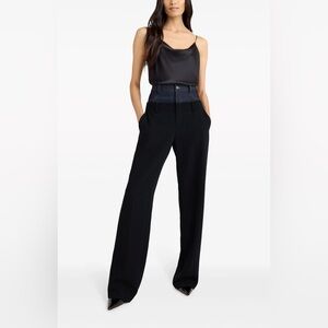 cinq a sept Black Wide-Leg Trousers with Denim Waist Panel